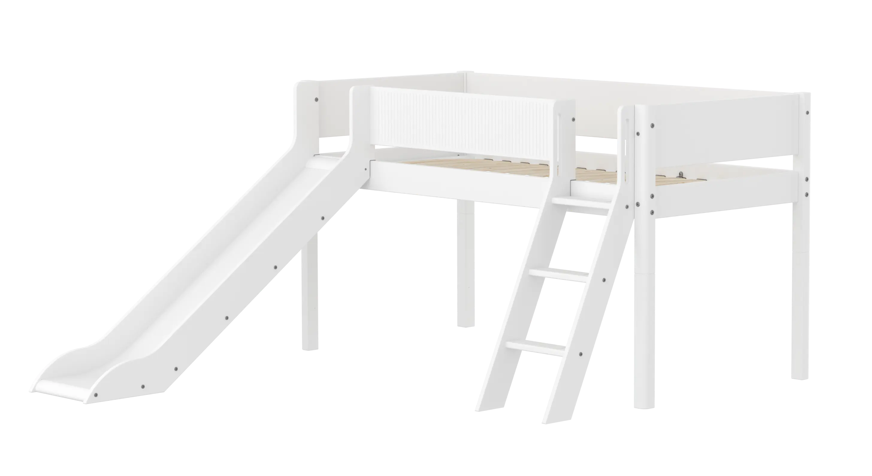 High Bed 120 cm with Slide, Ladder and Safety Rail, 90x200 cm, White MID_HIGH-BED midslp-slide-200x90-sl-ladder-grooves-f-wht  flexa-com.myshopify.com