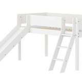 Mid-High Bed with Slide, Ladder and Safety Rail, 90x200 cm, White