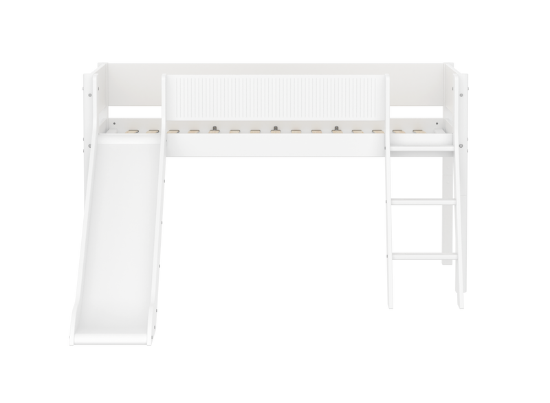 Mid-high Bed with Slide, Slanting Ladder and Safety Rails, 90x200 cm, White