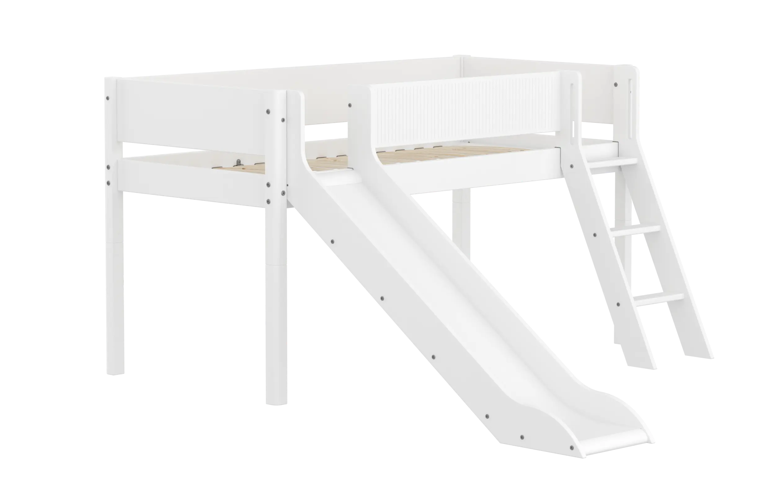 High Bed 120 cm with Slide, Ladder and Safety Rail, 90x200 cm, White MID_HIGH-BED midslp-slide-200x90-sl-ladder-grooves-f-wht  flexa-com.myshopify.com