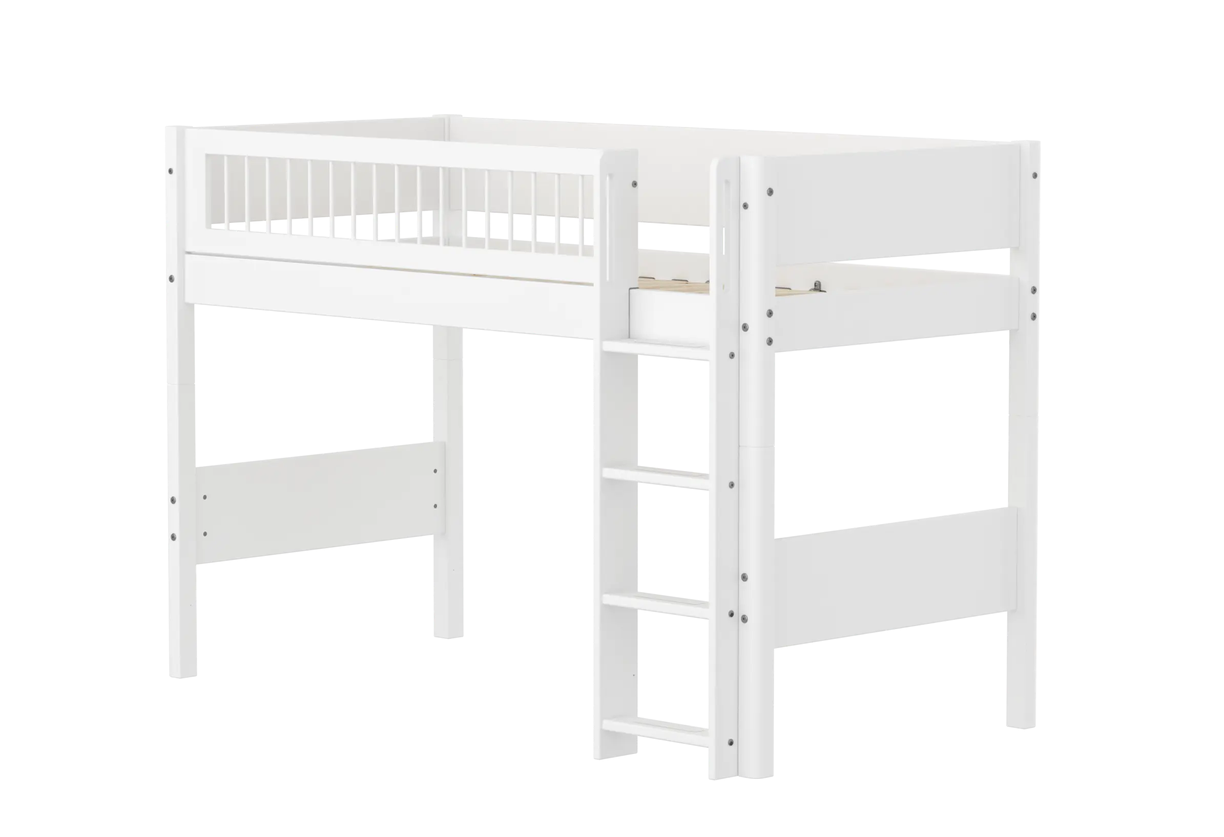 High Bed 143 cm with Ladder and Safety Rail, 90x200 cm, White SEMI_HIGH-BED semi-highsleeper-200x90-f-wht-str-ladder-crossbars  flexa-com.myshopify.com