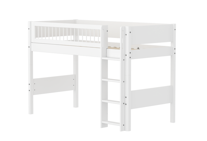 Semi-high Bed with Straight Ladder and Safety Rails, 90x200 cm, White