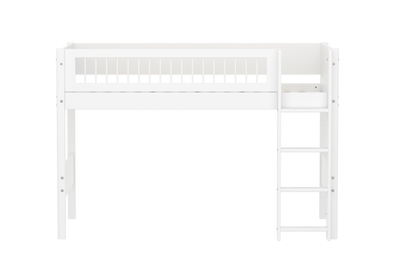 Semi-high Bed with Straight Ladder and Safety Rails, 90x200 cm, White