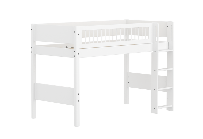 Semi-high Bed with Straight Ladder and Safety Rails, 90x200 cm, White