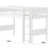 Semi-high Bed with Ladder and Safety Rail, 90x200 cm, White