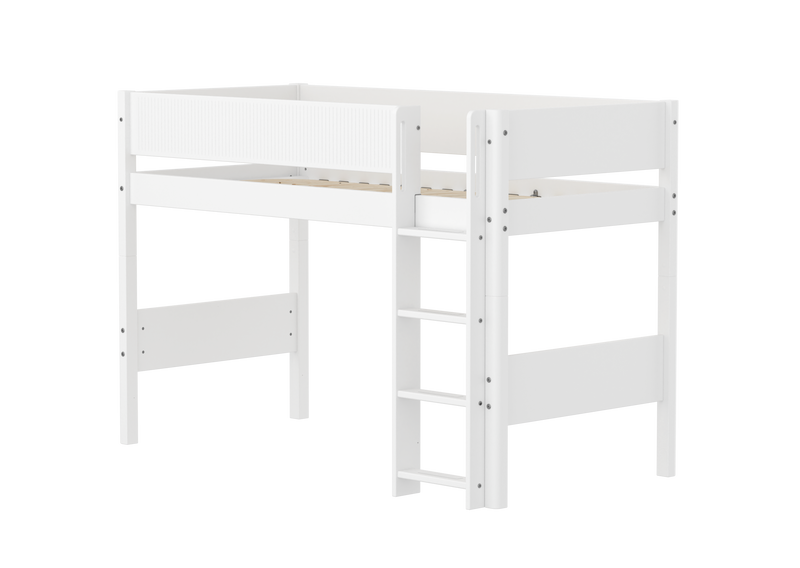 Semi-high Bed with Straight Ladder and Safety Rails, 90x200 cm, White