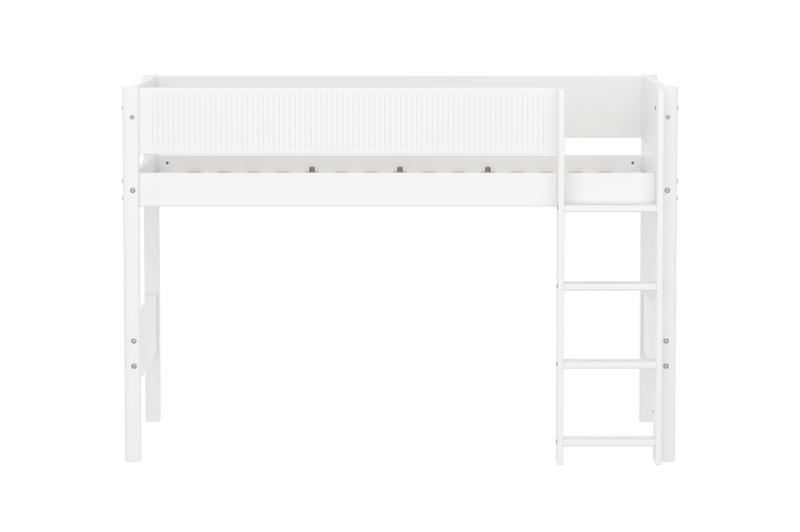 Semi-high Bed with Straight Ladder and Safety Rails, 90x200 cm, White