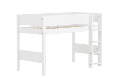 Semi-high Bed with Straight Ladder and Safety Rails, 90x200 cm, White