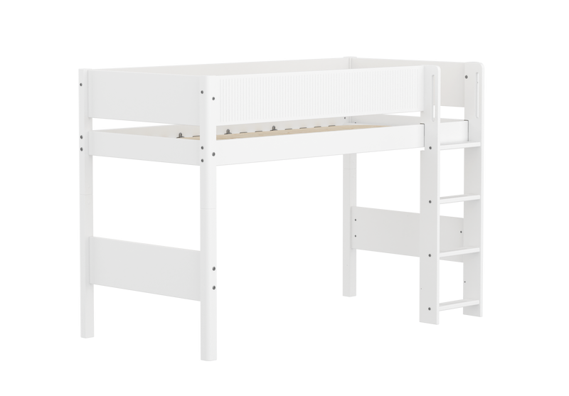 Semi-high Bed with Straight Ladder and Safety Rails, 90x200 cm, White