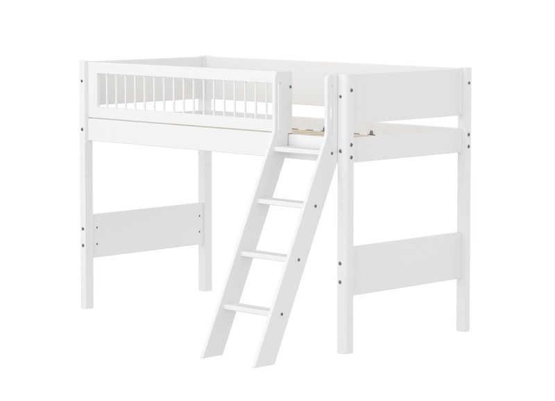 Semi-high Bed with Safety Rails and Slanting ladder, 90x200 cm, White