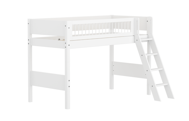 Semi-high Bed with Safety Rails and Slanting ladder, 90x200 cm, White