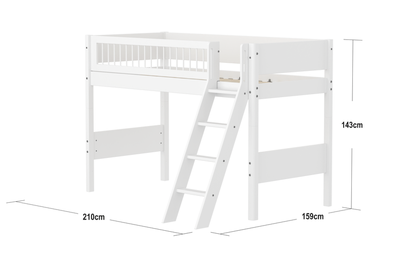 WHITE Verhoogde Halfhoogslaper, Schuine Ladder, 90x200 cm, Wit