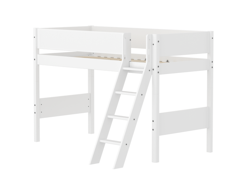 Semi-high Bed with Safety Rails and Slanting Ladder, 90x200 cm, White