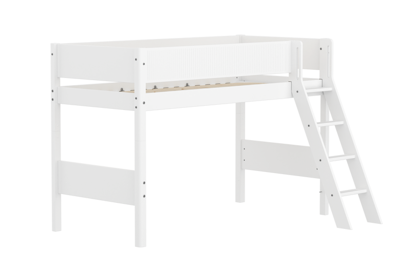 Semi-high Bed with Safety Rails and Slanting Ladder, 90x200 cm, White