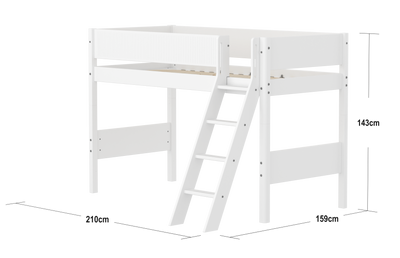 Semi-high Bed with Safety Rails and Slanting Ladder, 90x200 cm, White