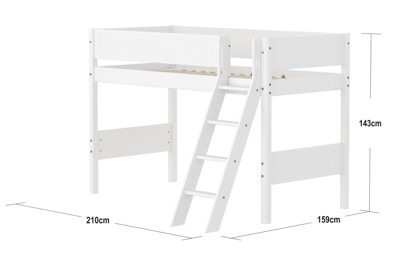 Semi-high Bed with Safety Rails and Slanting Ladder, 90x200 cm, White