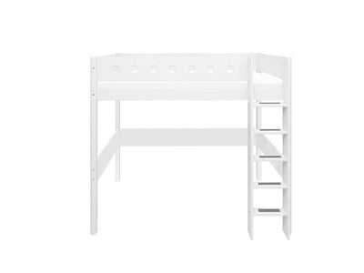 High Bed with Straight Ladder and Safety Rails, 90x200 cm, White