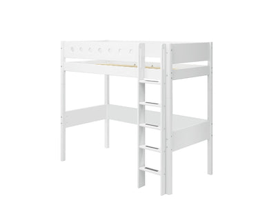 High Bed with Straight Ladder and Safety Rails, 90x200 cm, White