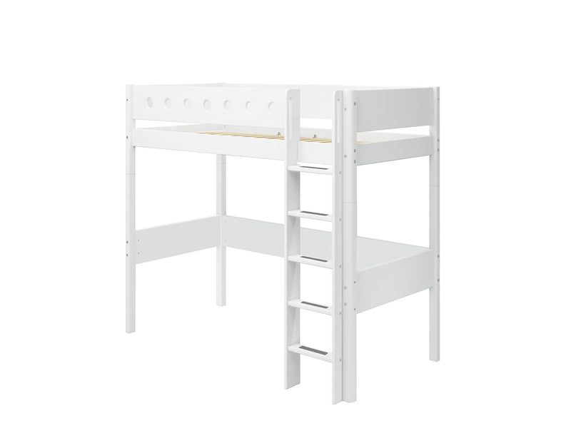 High Bed with Straight Ladder and Safety Rails, 90x200 cm, White