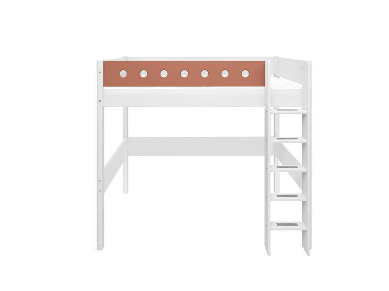 High Bed with Straight Ladder and Safety Rails, 90x200 cm, White/Blush