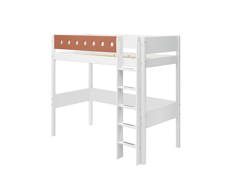 High Bed with Straight Ladder and Safety Rails, 90x200 cm, White/Blush