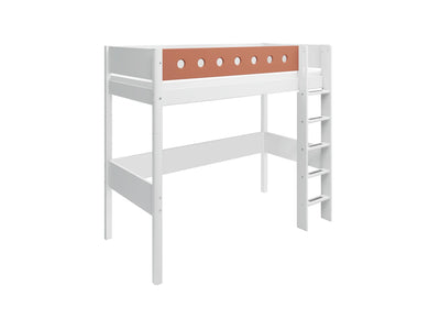 High Bed with Straight Ladder and Safety Rails, 90x200 cm, White/Blush