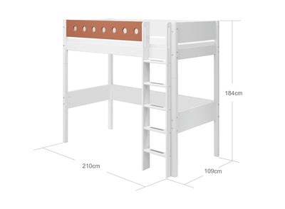 High Bed with Straight Ladder and Safety Rails, 90x200 cm, White/Blush