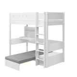 FLEXA WHITE high bed from CLASSIC with desk, sofa, ladder, and rail in a teen room; child-safe guard rail visible.