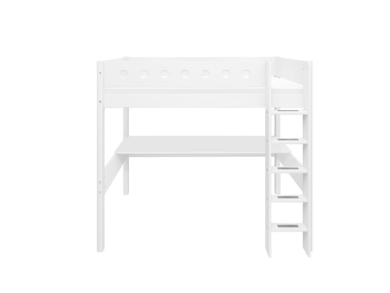 High Bed with Desk, Straight Ladder and Safety Rails, 90x200, White