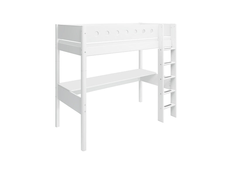 High Bed with Desk, Straight Ladder and Safety Rails, 90x200, White