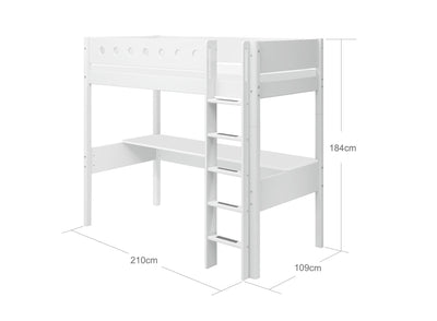 High Bed with Desk, Straight Ladder and Safety Rails, 90x200, White