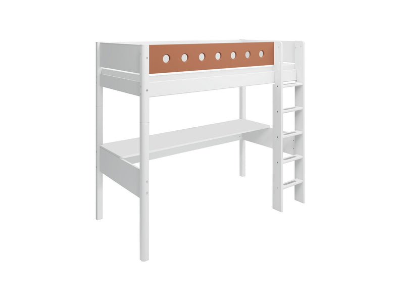 High Bed with Desk, Straight Ladder and Safety Rails, 90x200, White/Blush