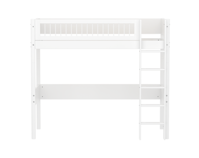 High Bed with Straight Ladder and Safety Rails, 90x200 cm, White