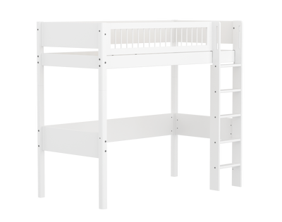 High Bed with Straight Ladder and Safety Rails, 90x200 cm, White