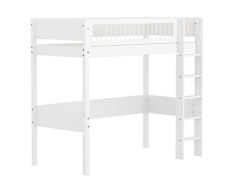 High Bed with Straight Ladder and Safety Rails, 90x200 cm, White