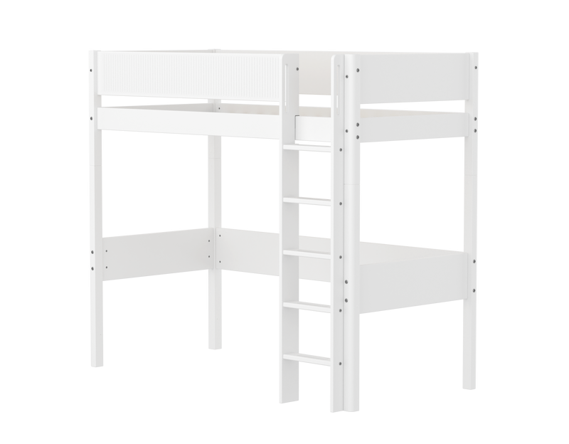 High Bed with Straight Ladder and Safety Rails, 90x200 cm, White