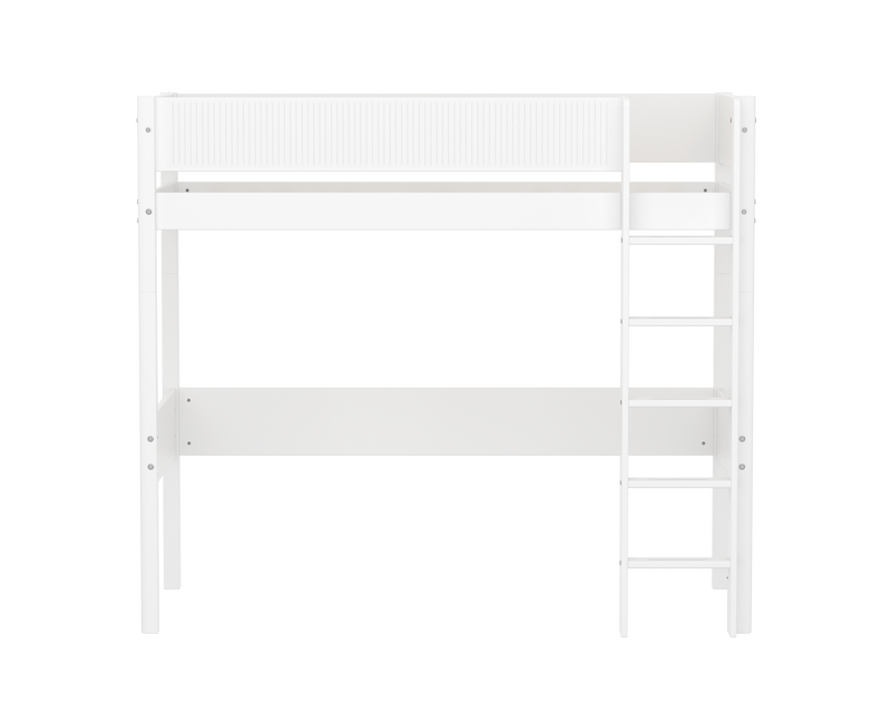 High Bed with Straight Ladder and Safety Rails, 90x200 cm, White