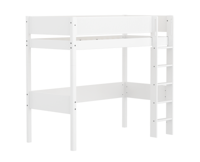 High Bed with Straight Ladder and Safety Rails, 90x200 cm, White