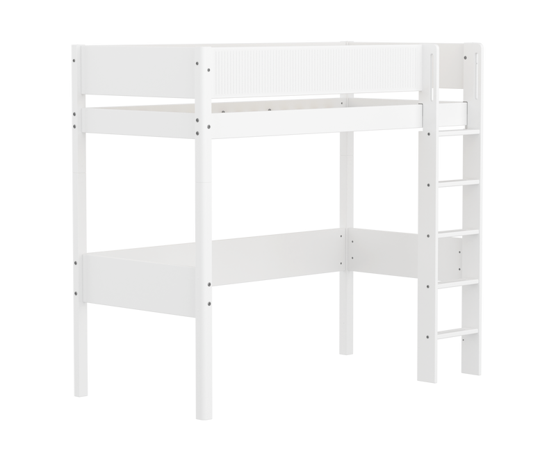 High Bed with Straight Ladder and Safety Rails, 90x200 cm, White