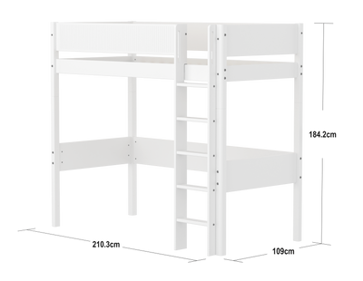 High Bed with Straight Ladder and Safety Rails, 90x200 cm, White