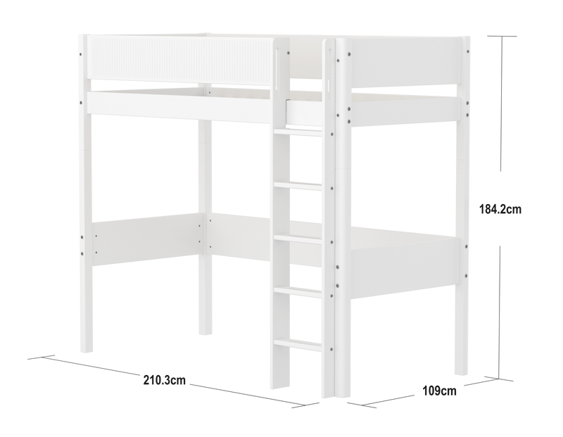 High Bed with Straight Ladder and Safety Rails, 90x200 cm, White