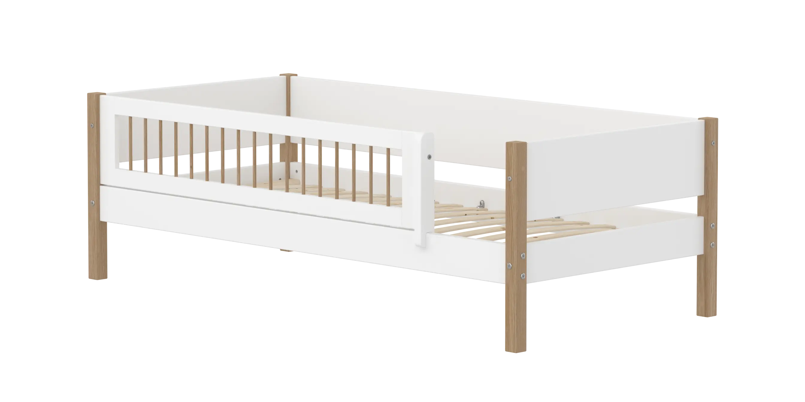 Single Bed with Safety Rail, 90x200 cm, White/Oak SINGLE_BED daybed-f-wht-w-front-safety-200x90cm-legs-crossbars-oak  flexa-com.myshopify.com