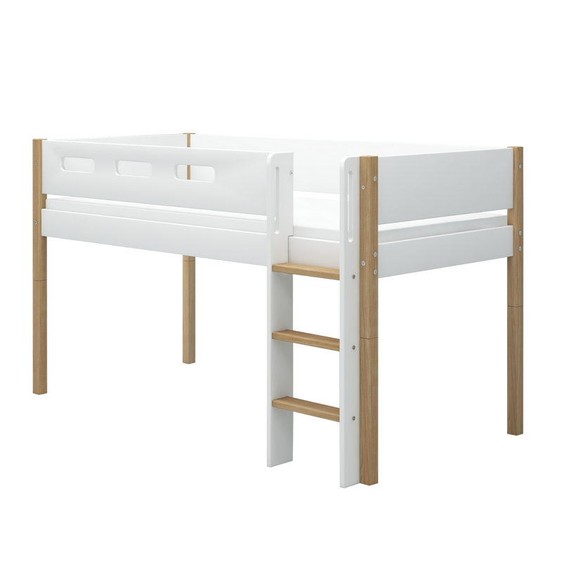 Mid-high Bed with Straight Ladder and Safety Rail, 90x200 cm, White/Oak