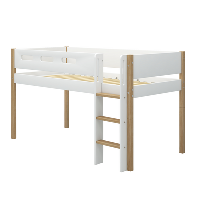 Mid-high Bed with Straight Ladder and Safety Rail, 90x200 cm, White/Oak