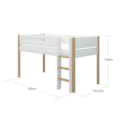 Mid-high Bed with Straight Ladder and Safety Rail, 90x200 cm, White/Oak