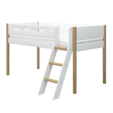 Mid-High Bed with Ladder and Safety Rail, 90x200 cm, White/Oak
