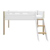 Mid-High Bed with Ladder and Safety Rail, 90x200 cm, White/Oak