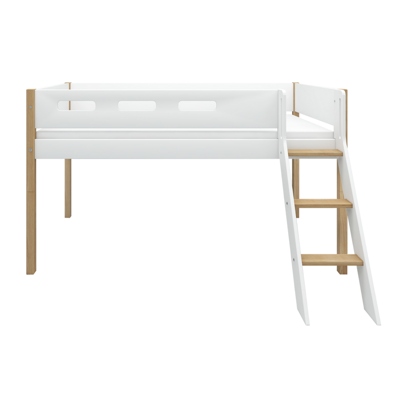 Mid-high Bed with Slanting Ladder and Safety Rail, 90x200 cm, White/Oak