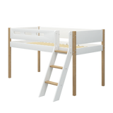 Mid-High Bed with Ladder and Safety Rail, 90x200 cm, White/Oak
