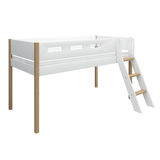 Mid-High Bed with Ladder and Safety Rail, 90x200 cm, White/Oak